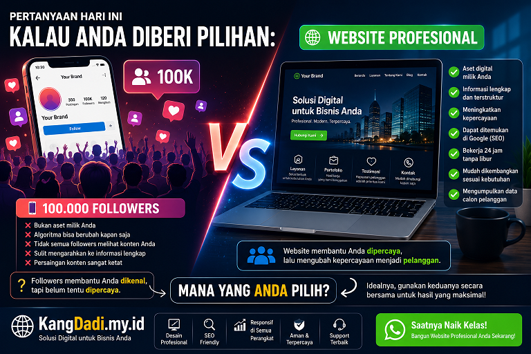 Pertanyaan Hari Ini Kalau Anda Diberi Pilihan...  ? 100.000 Followers  atau  ? Website Profesional  Mana yang Anda pilih?